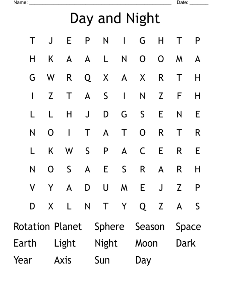 Day And Night Word Search WordMint