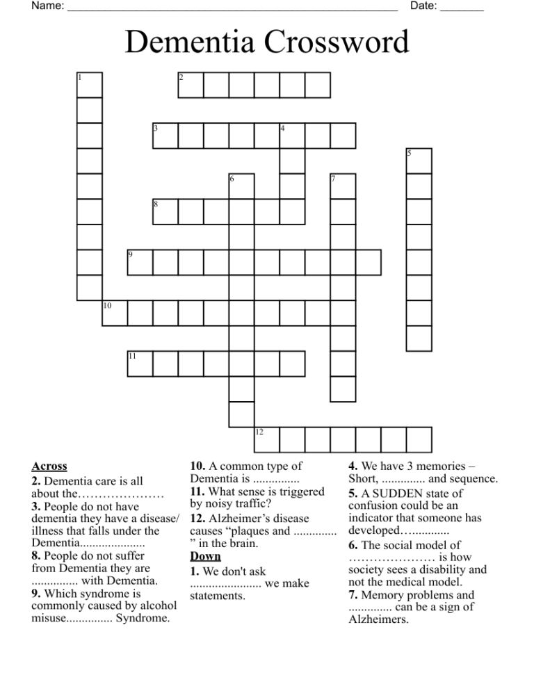 Dementia Crossword WordMint