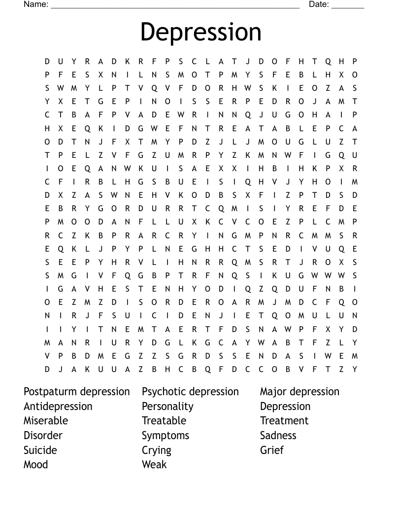 Depression Crosswords Word Searches Bingo Cards WordMint