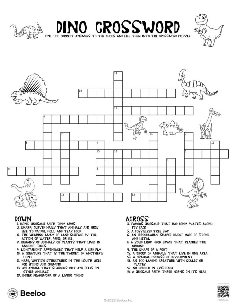 Dinosaur themed Crossword Puzzles Beeloo Printable Crafts And