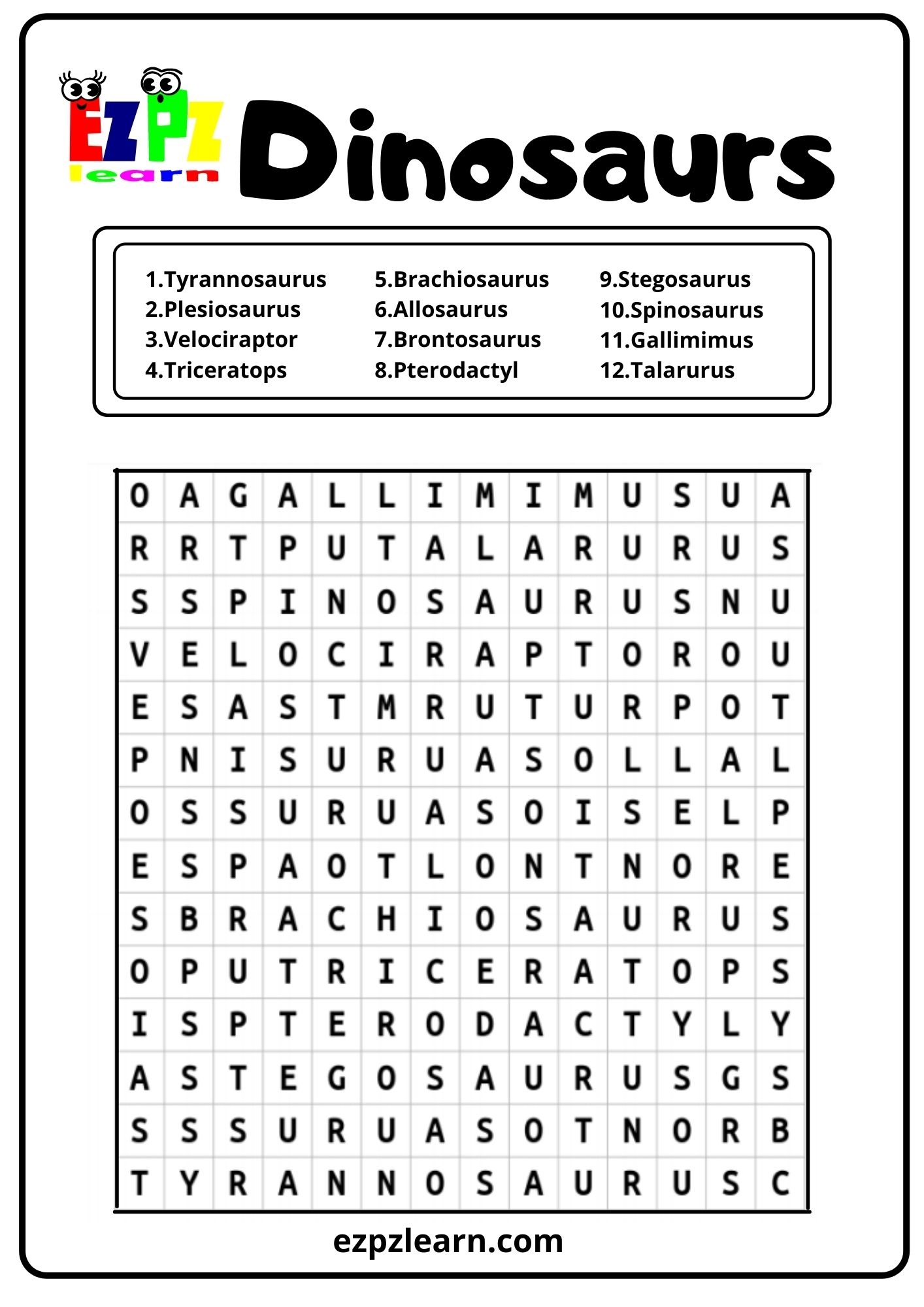 Dinosaurs Word Search Ezpzlearn