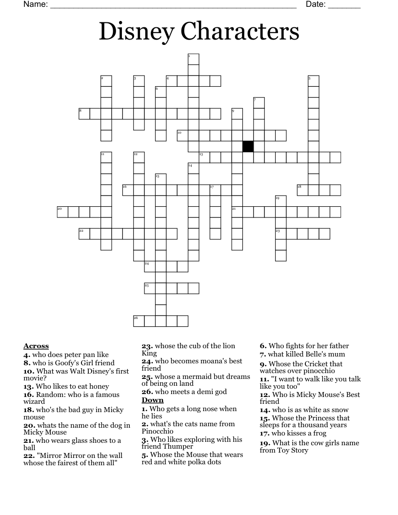 Disney Characters Crossword WordMint
