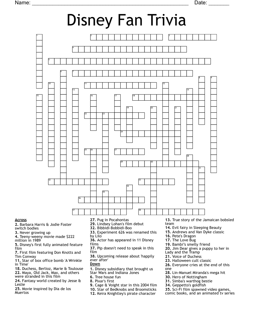 Disney Fan Trivia Crossword WordMint