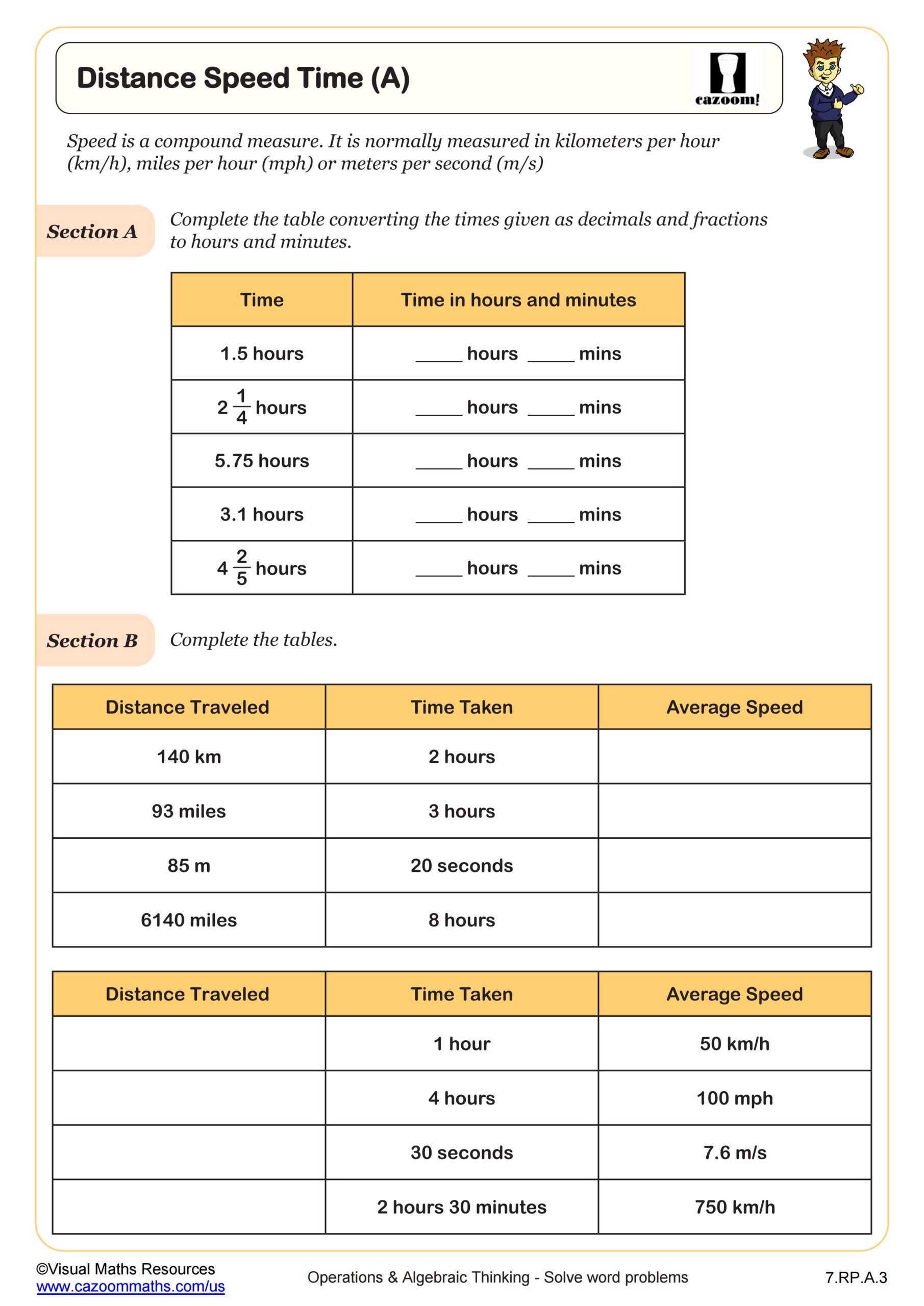 Distance Speed And Time A Worksheet 7th Grade PDF Worksheets