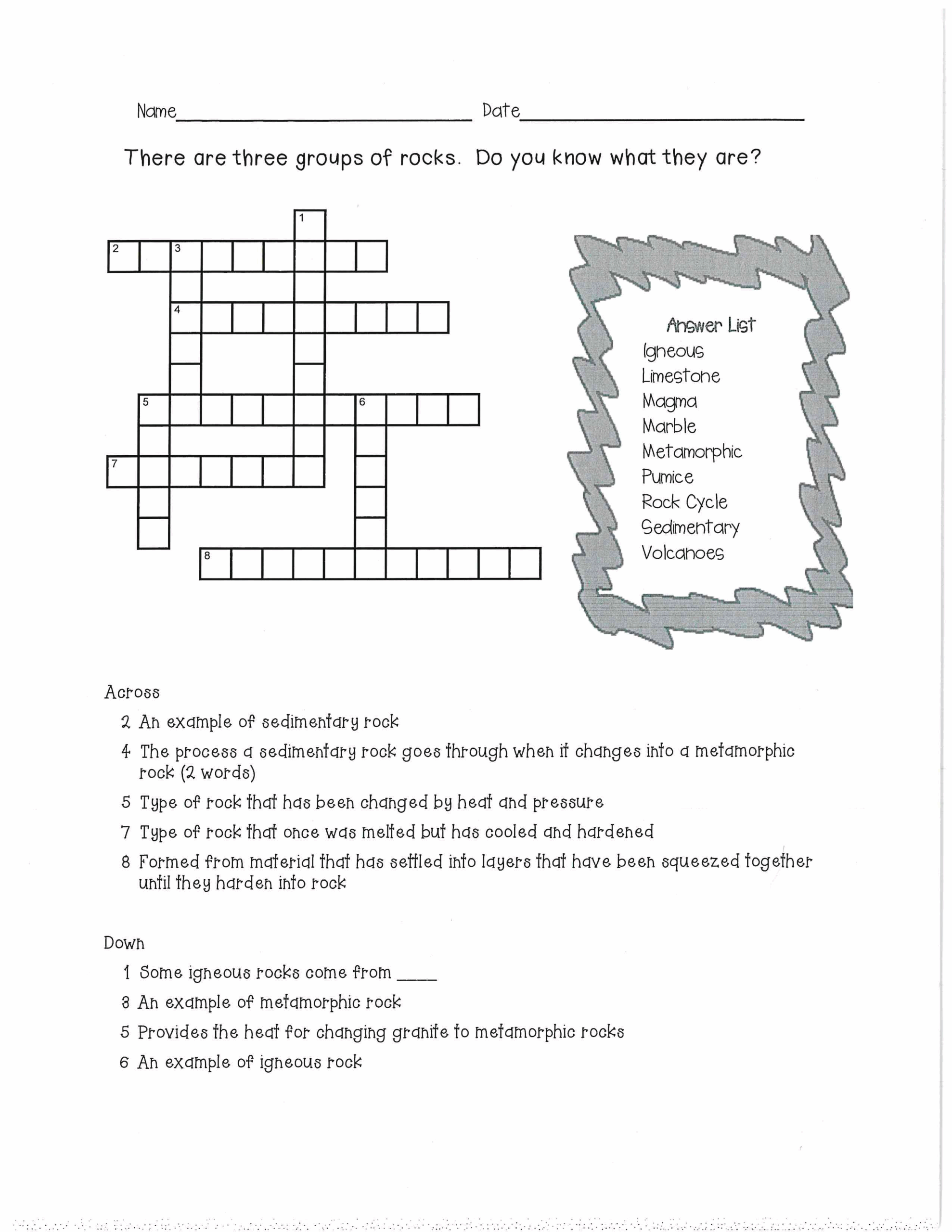 Rock Cycle Crossword Puzzle