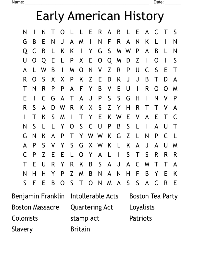 Early American History Word Search WordMint