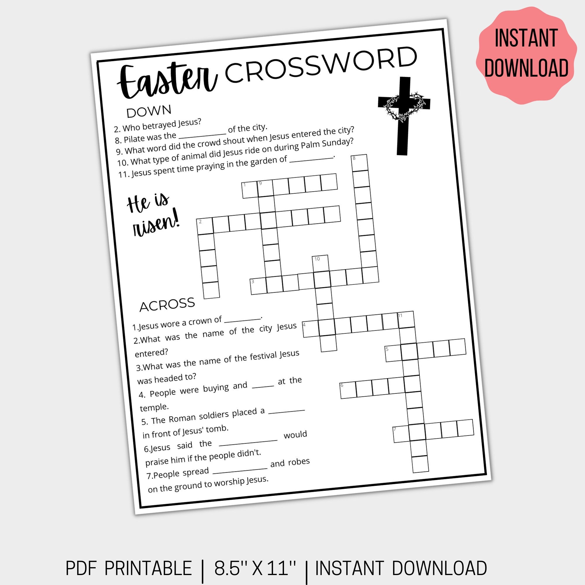 Easter Crossword Puzzle Printable Easter Printable Activity Sunday School Easter Activity Religious Bible Printable Instant Download Etsy