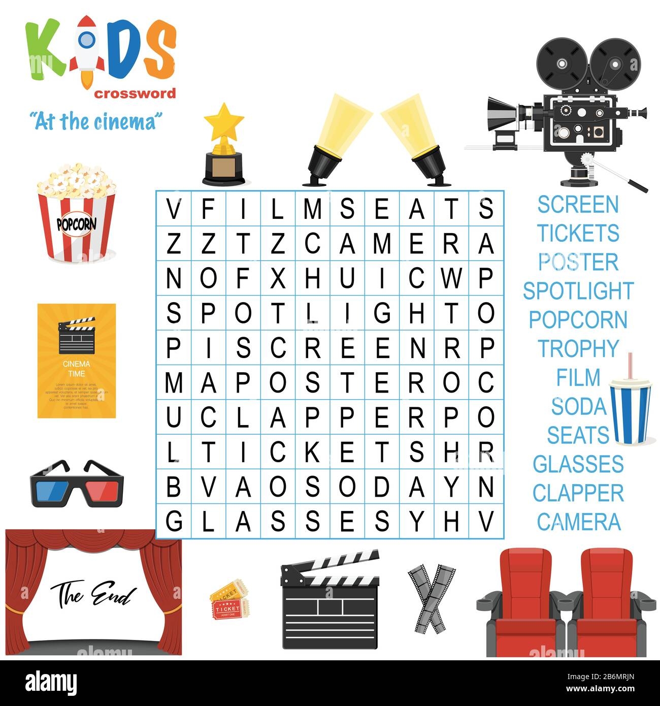 Easy Word Search Crossword Puzzle At The Cinema For Children In Elementary Primary And Middle School Fun Way To Practice Language Comprehension A Stock Vector Image U0026 Art Alamy