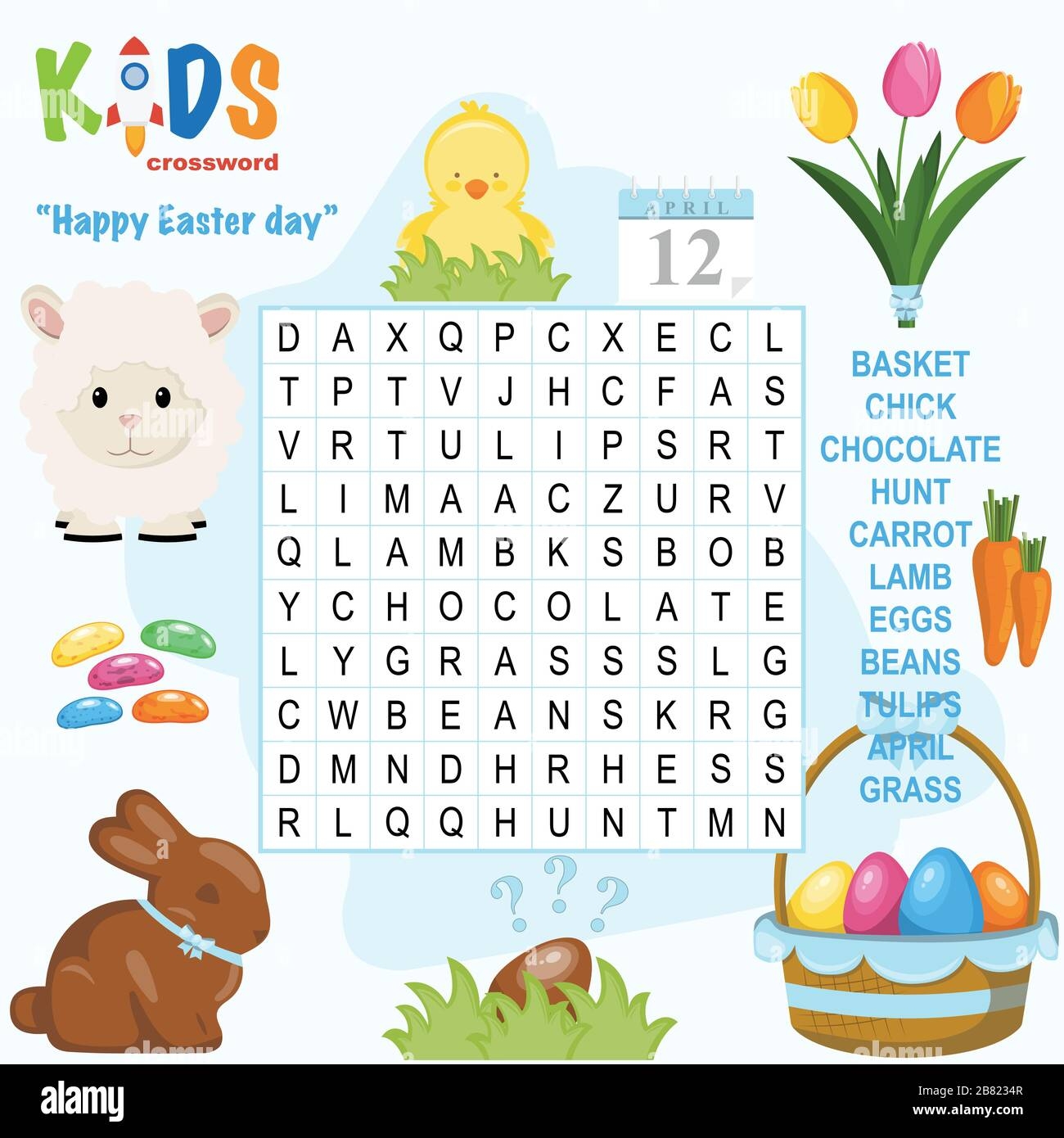 Easy Word Search Crossword Puzzle Happy Easter Day For Children 