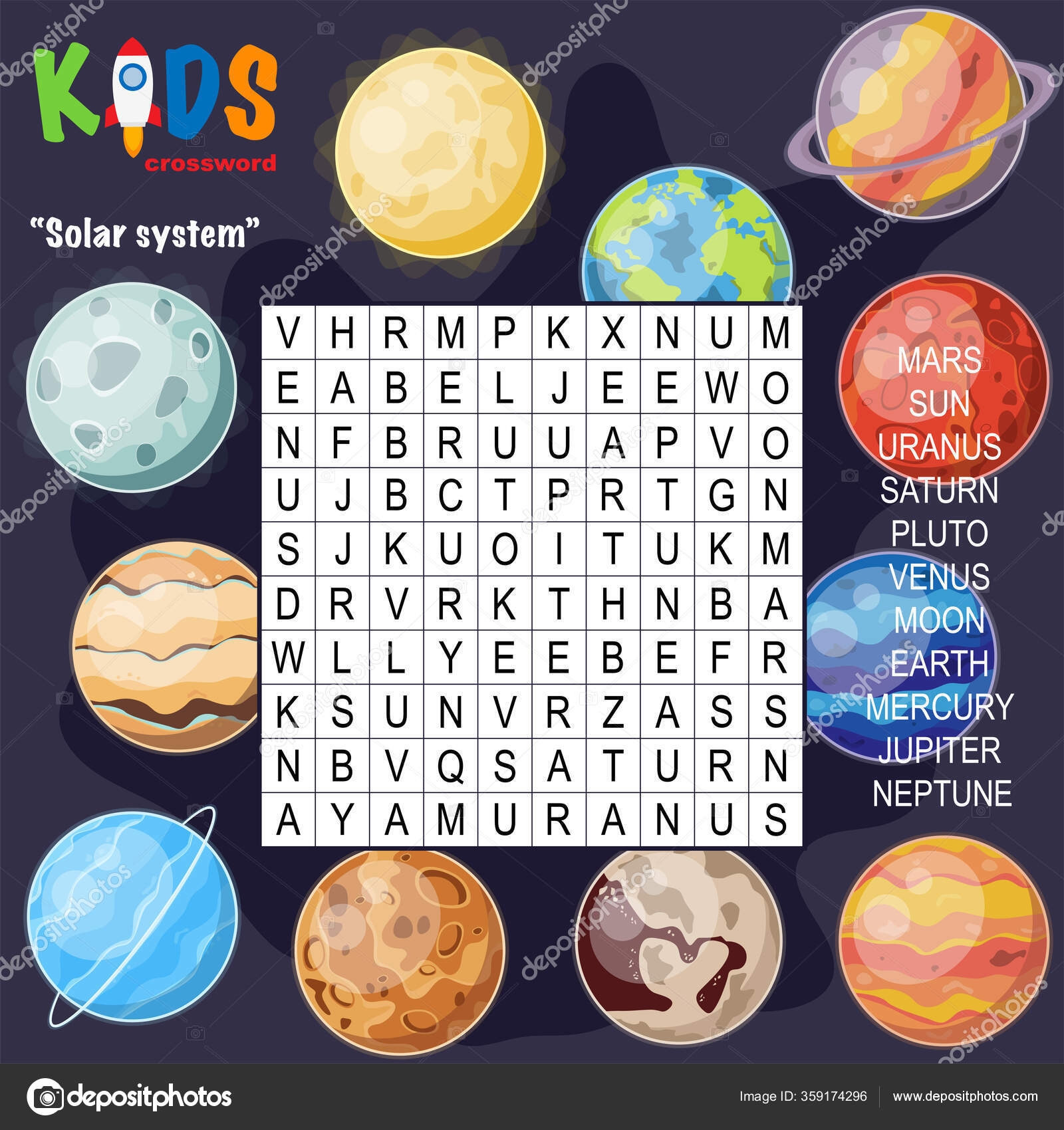Easy Word Search Crossword Puzzle Solar System Children 
