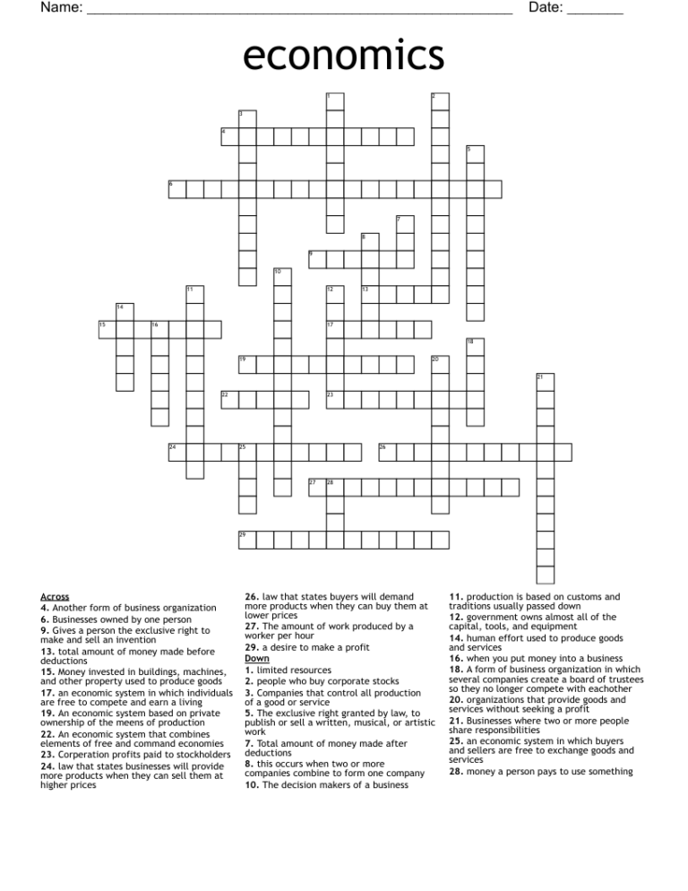 Economics Crossword WordMint