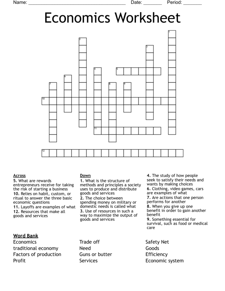 Economics Worksheet Crossword WordMint