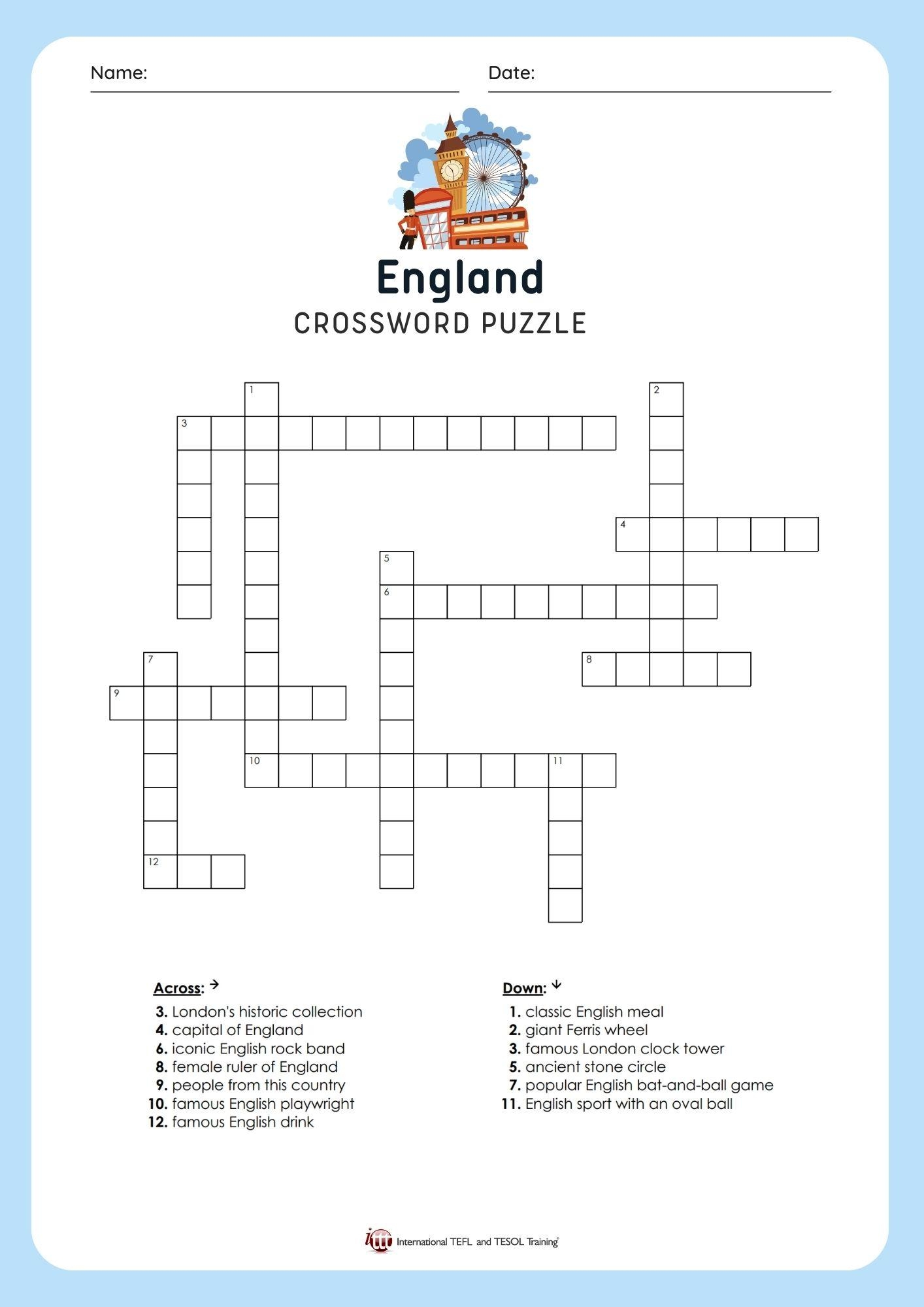 EFL England Vocabulary Crossword Puzzle ITTT EFL England Vocabulary Crossword Puzzle ITTT