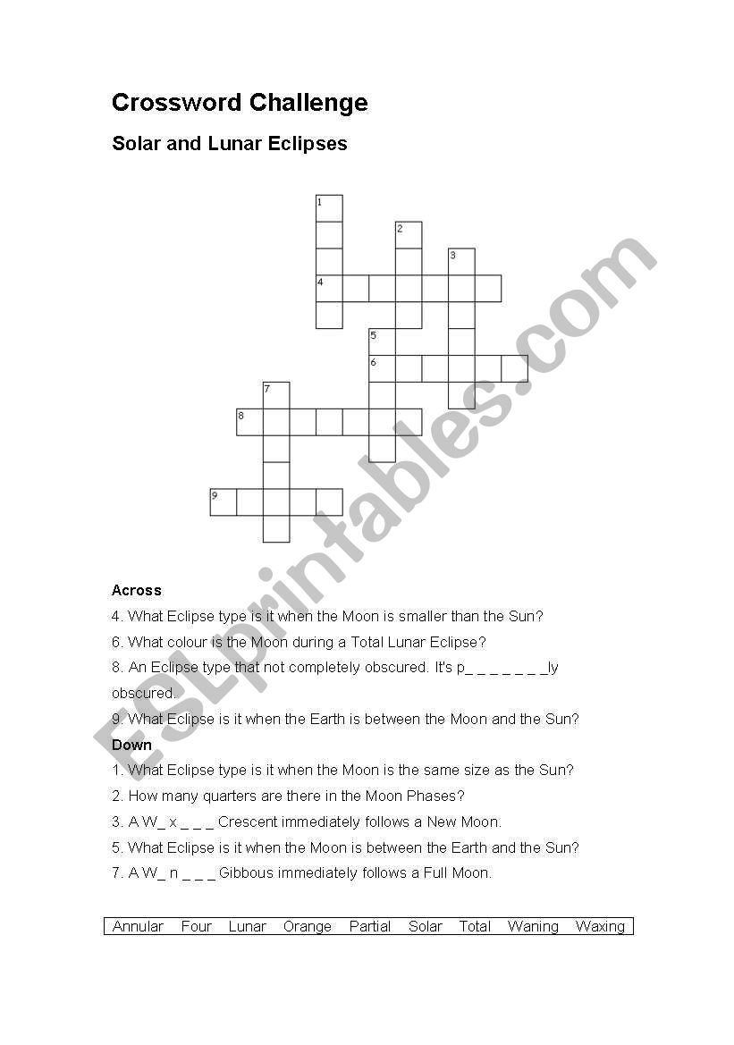 English Worksheets Solar And Lunar Eclipse Crossword Challenge