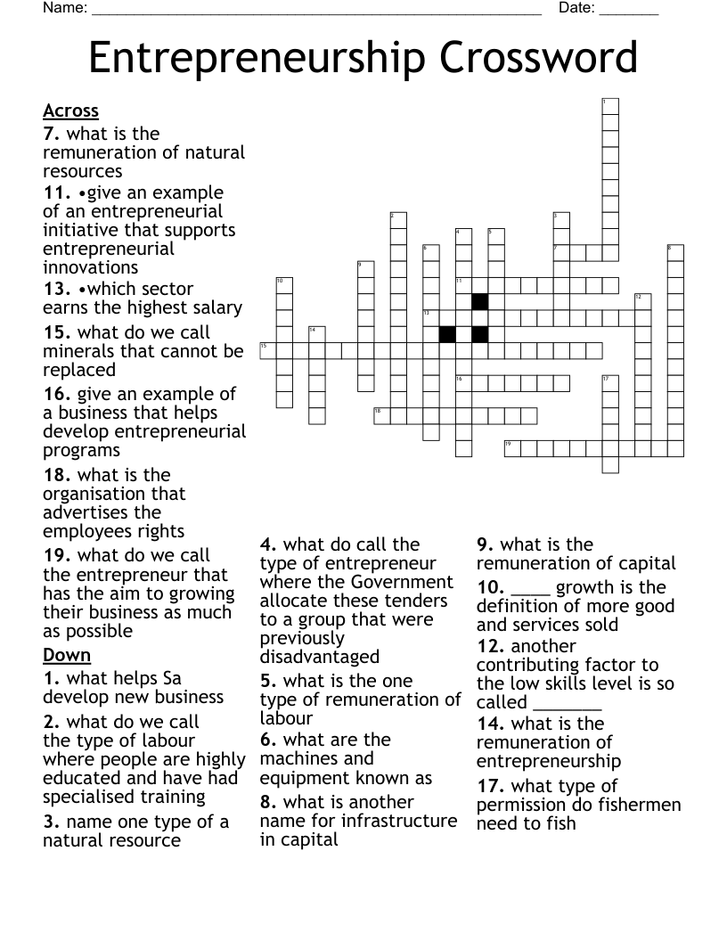 Entrepreneurship Crossword WordMint