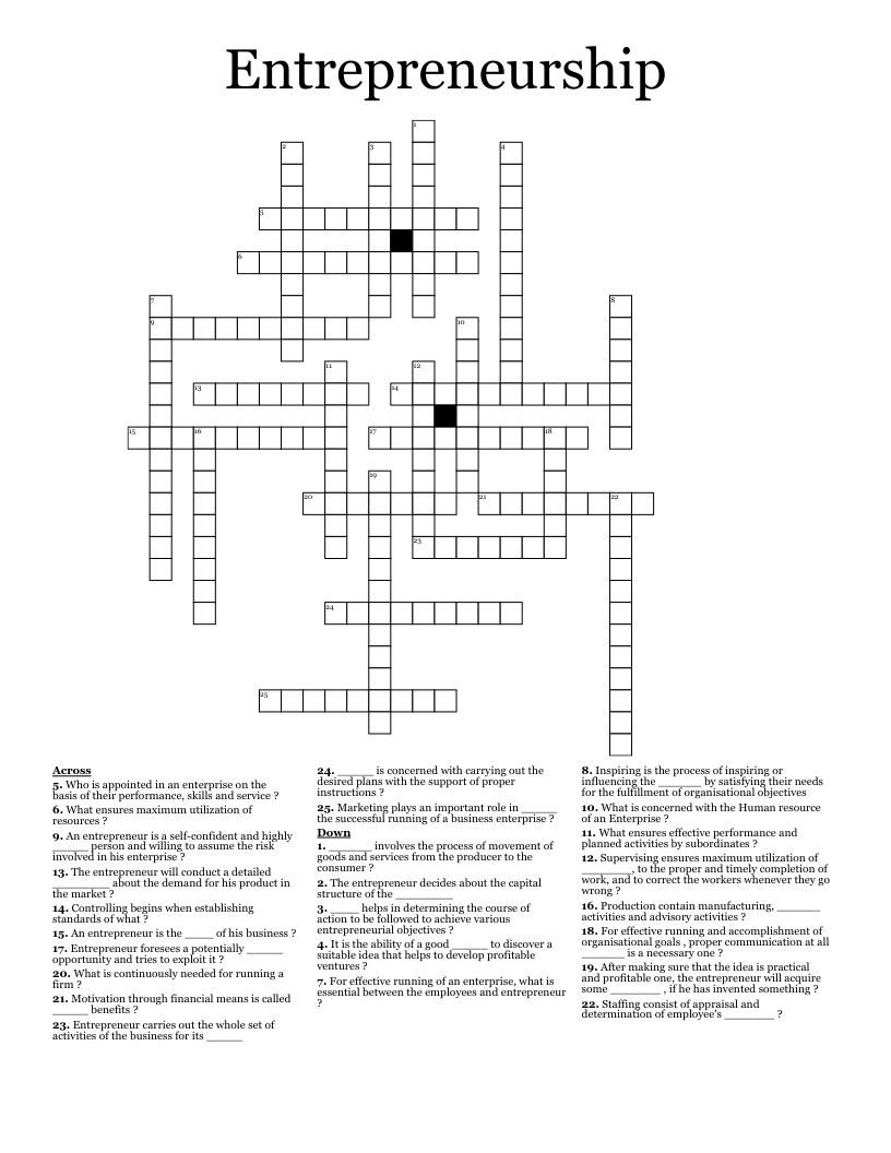 Entrepreneurship Crossword WordMint