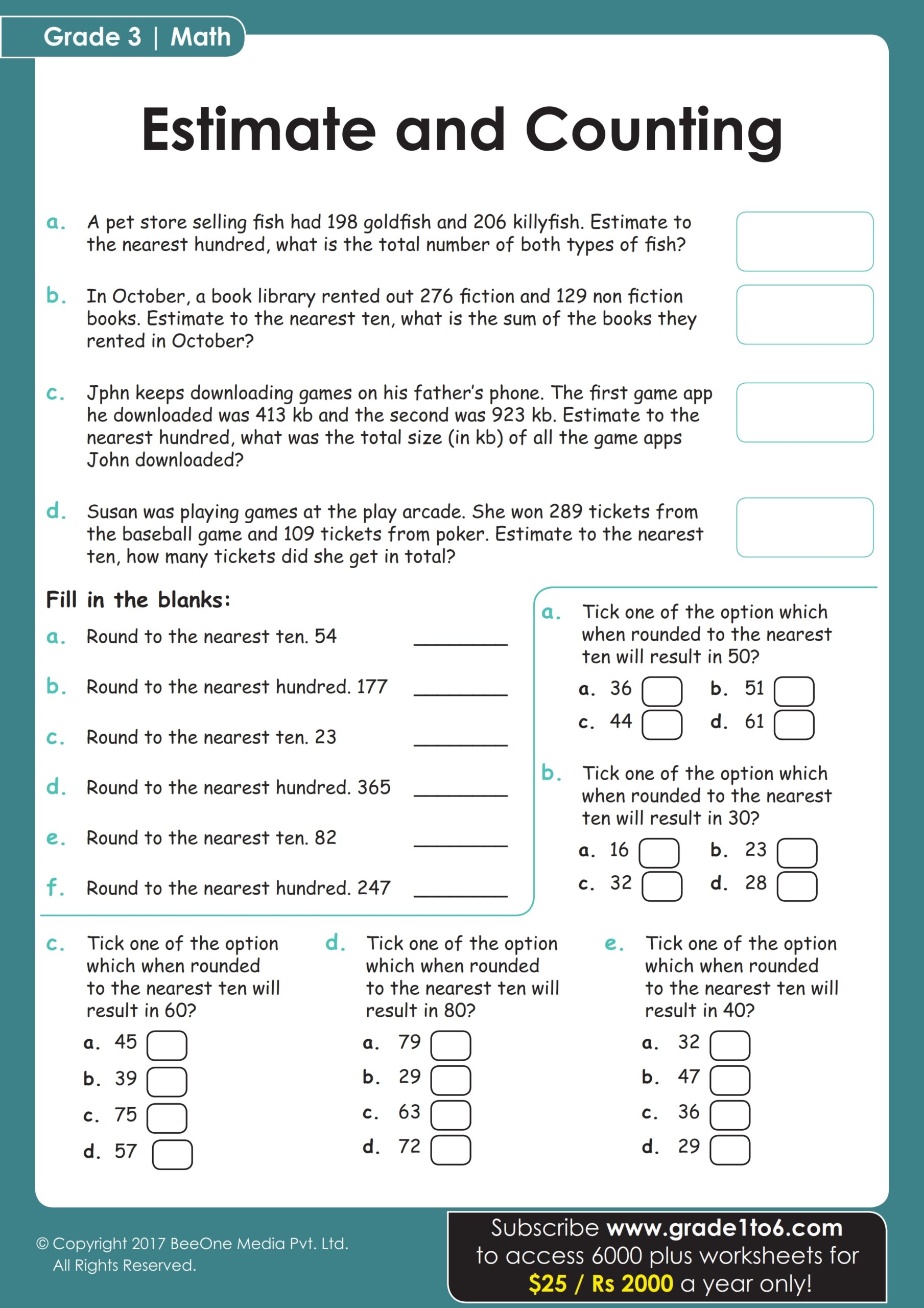 Estimating Rounding U0026 Counting Worksheet For Grade 3 Worksheets Library