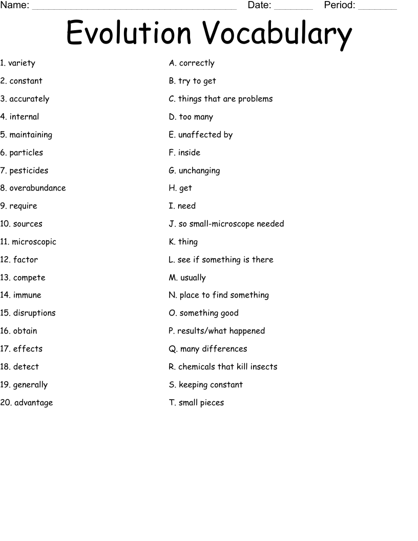 Evolution Vocabulary Worksheet WordMint