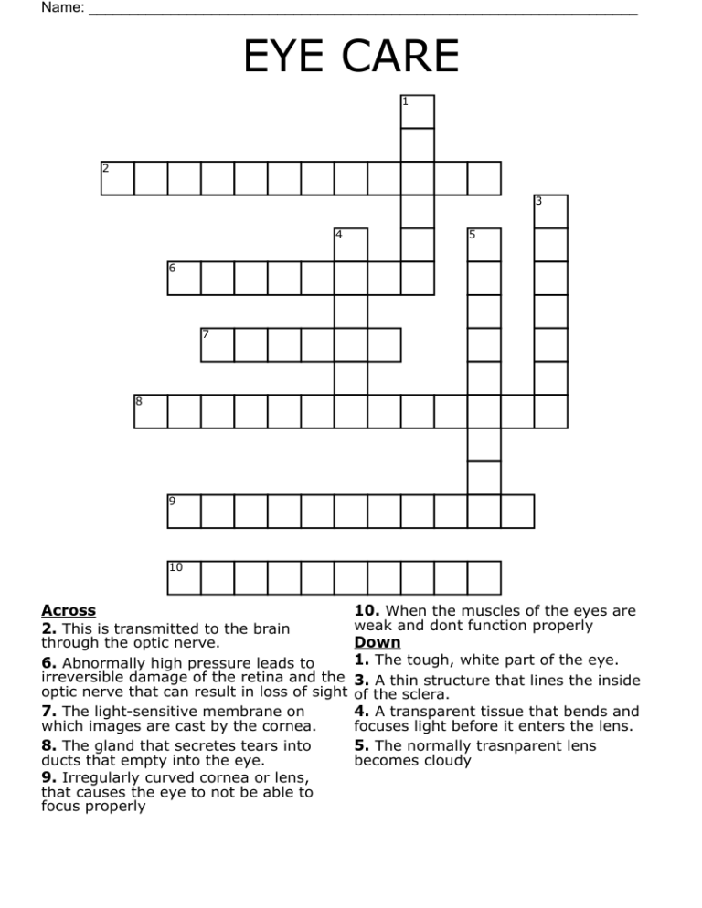 EYE CARE Crossword WordMint