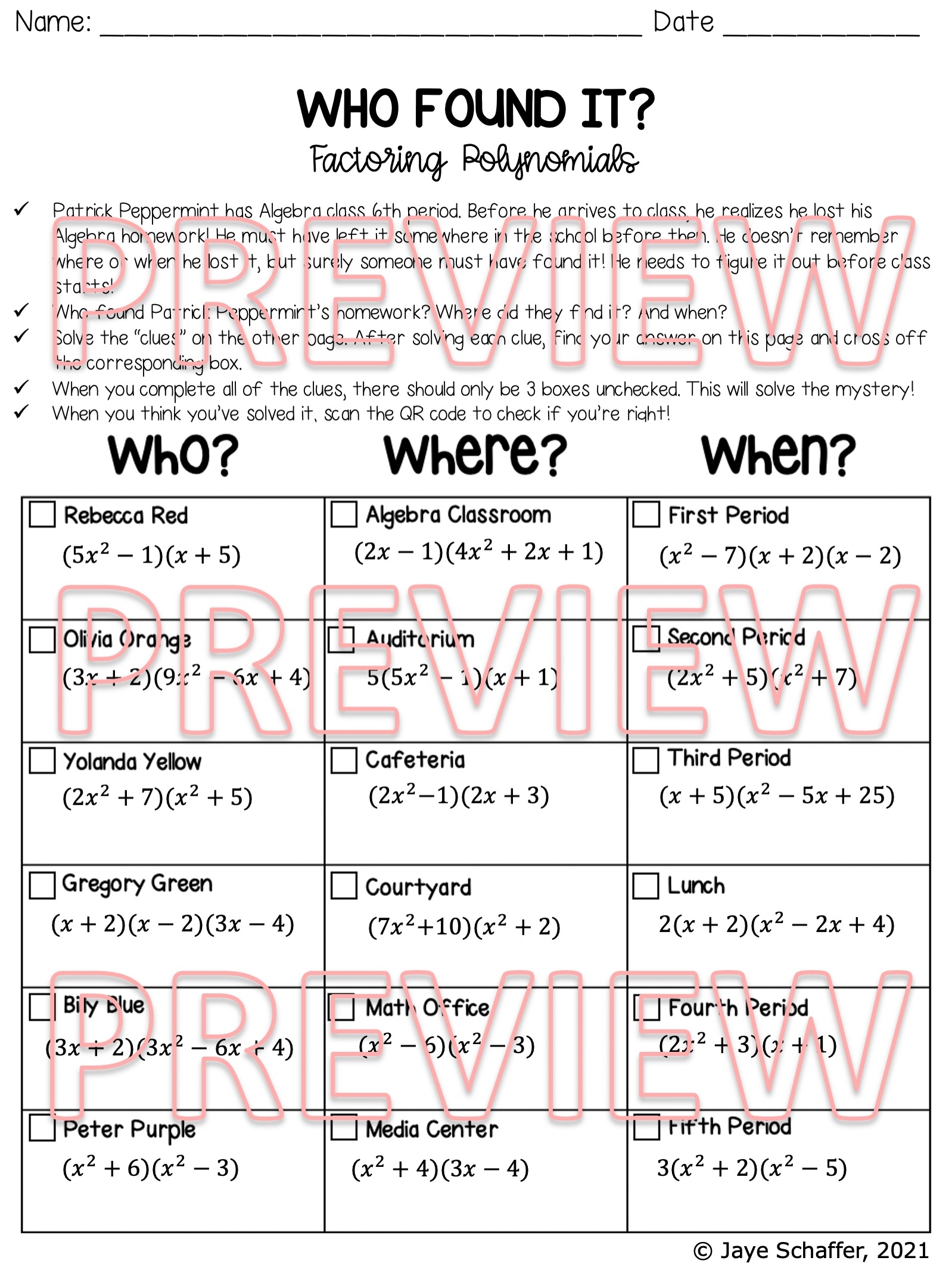 Factoring Polynomials Clue Mystery Activity Factoring Polynomials Clue Mystery Activity
