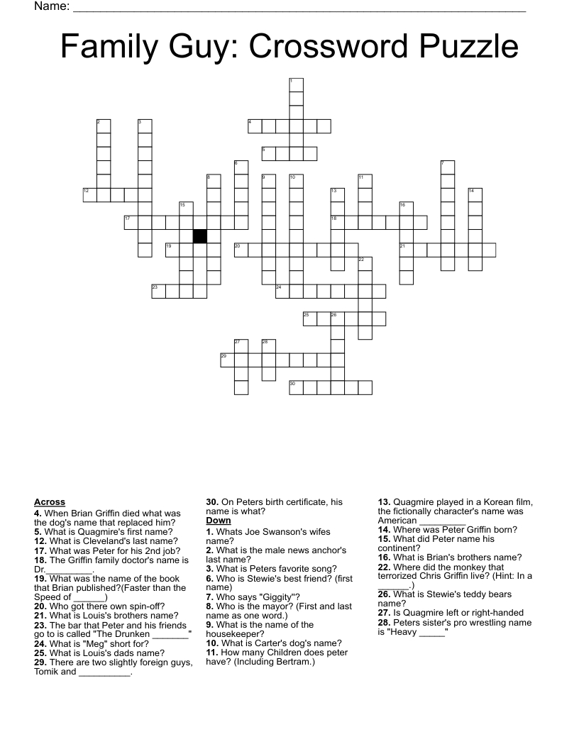 Family Guy Crossword Puzzle WordMint Family Guy Crossword Puzzle WordMint