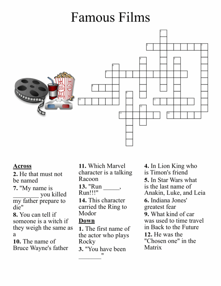 Famous Films Crossword WordMint