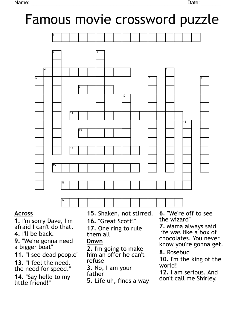 Famous Movie Crossword Puzzle WordMint Famous Movie Crossword Puzzle WordMint