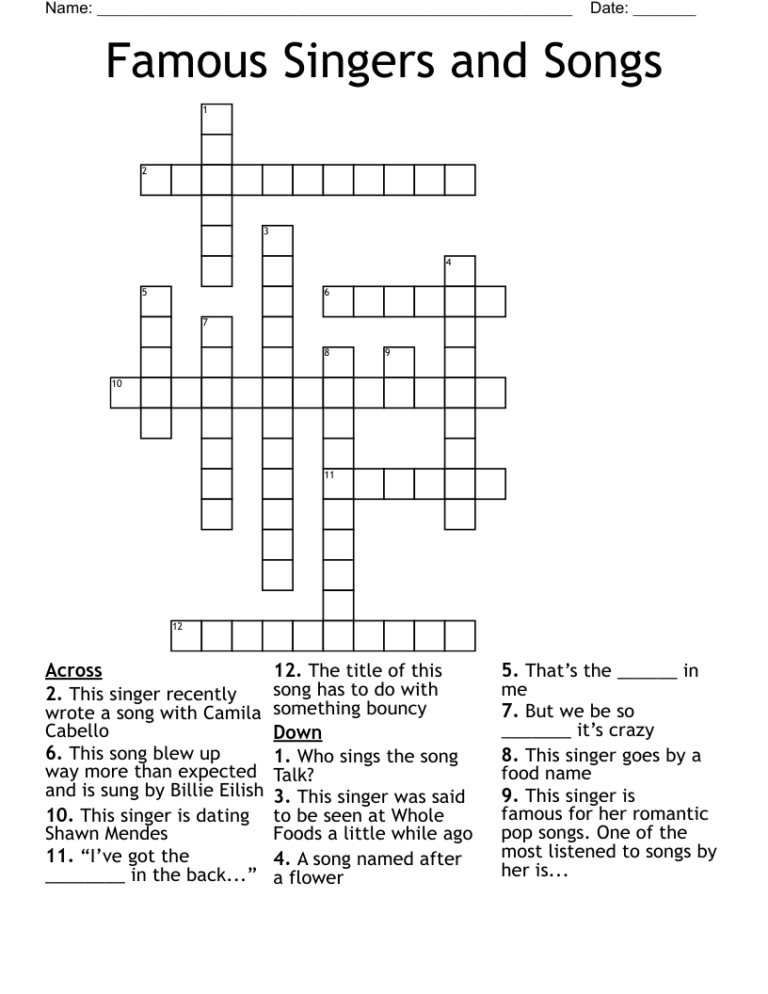 Famous Singers And Songs Crossword WordMint