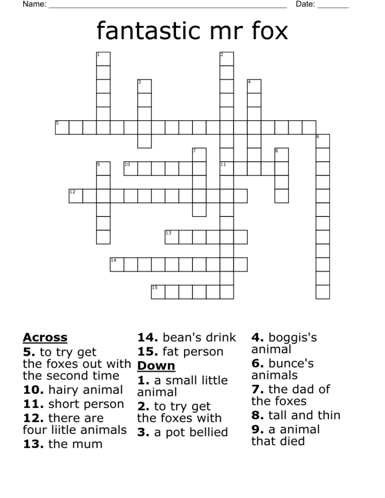 Fantastic Mr Fox Crossword WordMint