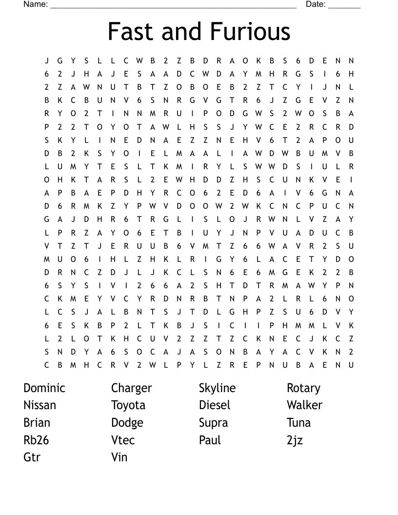 Fast And Furious Word Search WordMint