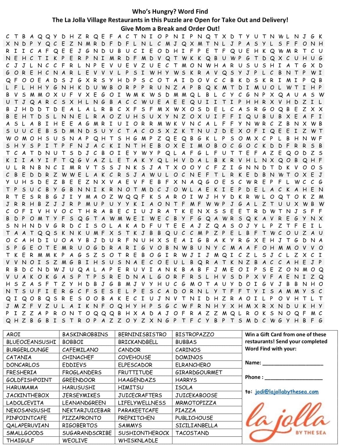 Restaurant Crossword Puzzle