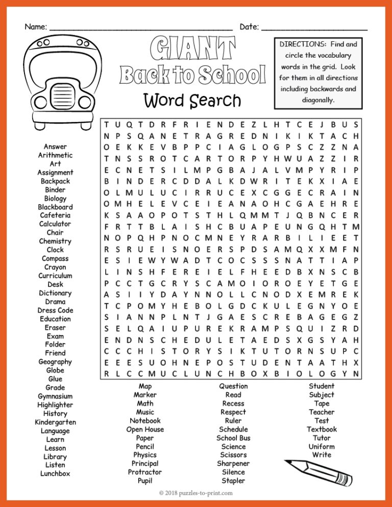FIRST DAY OF BACK TO SCHOOL Word Search Puzzle Worksheet No Prep