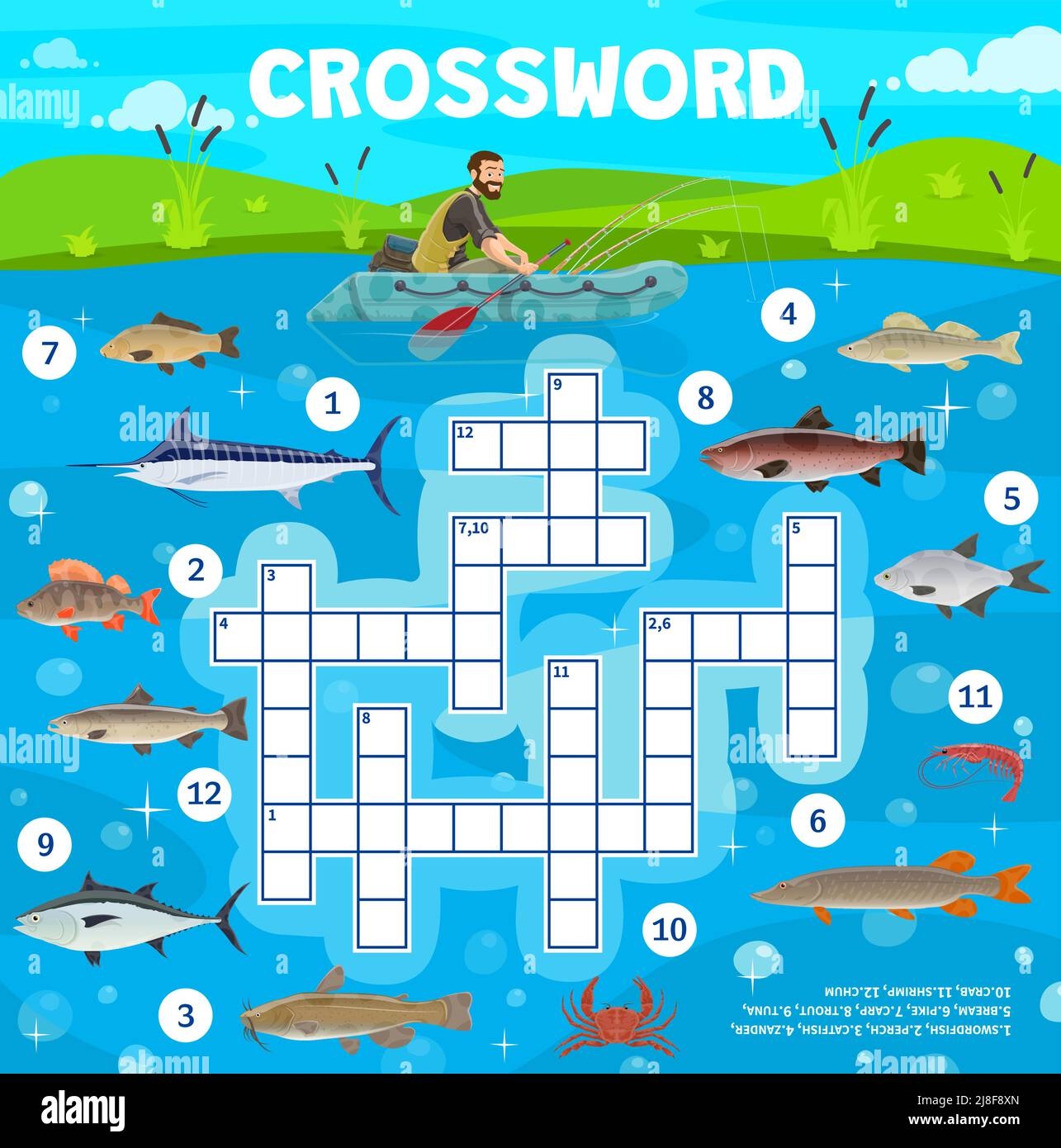 Fish And Fishing Sport Crossword Puzzle Game Grid Quiz Worksheet Vector Riddle With Fisherman On Boat