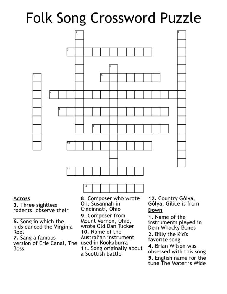 Folk Song Crossword Puzzle WordMint