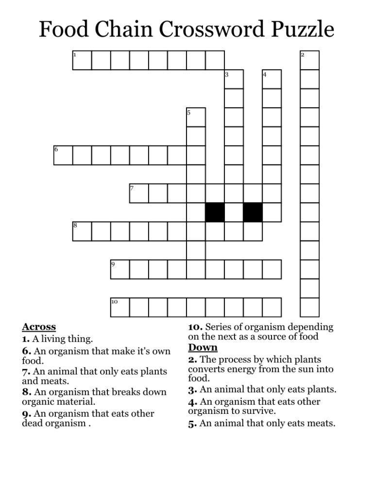 Food Chain Crossword Puzzle WordMint