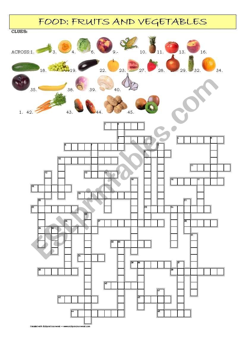 Food Fruits And Vegetables Crossword ESL Worksheet By Crisholm
