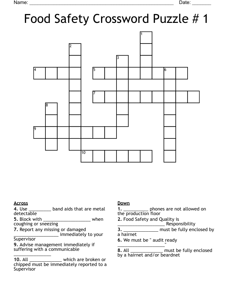 Food Safety Crossword Puzzle 1 WordMint Food Safety Crossword Puzzle 1 WordMint