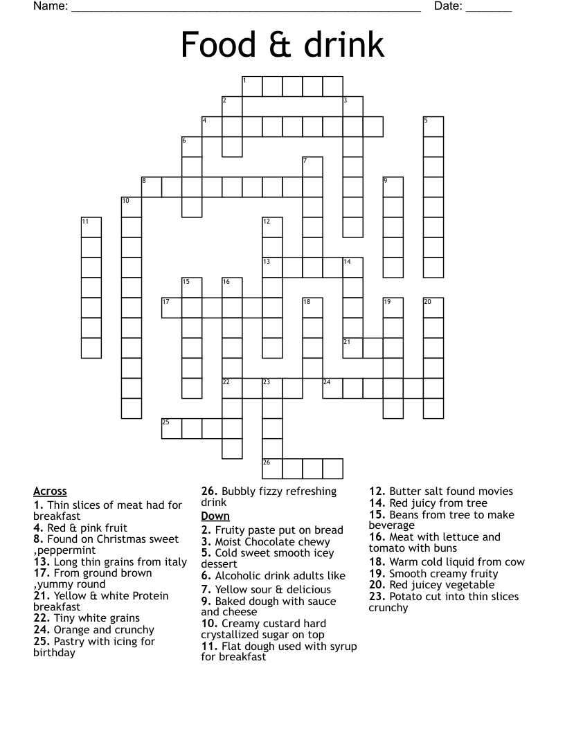 Food U0026 Drink Crossword WordMint Food U0026 Drink Crossword WordMint