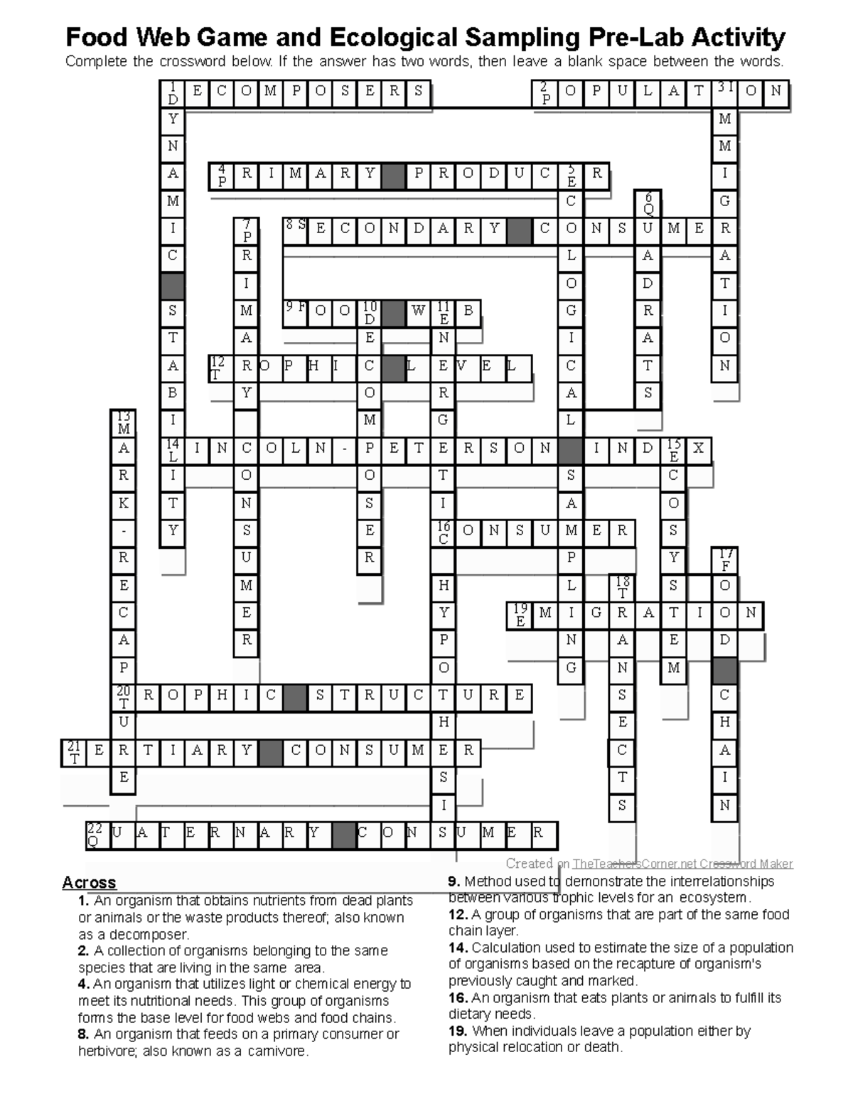 Food Web Game Crossword Pre Lab Bio 182L Food Web Game And 