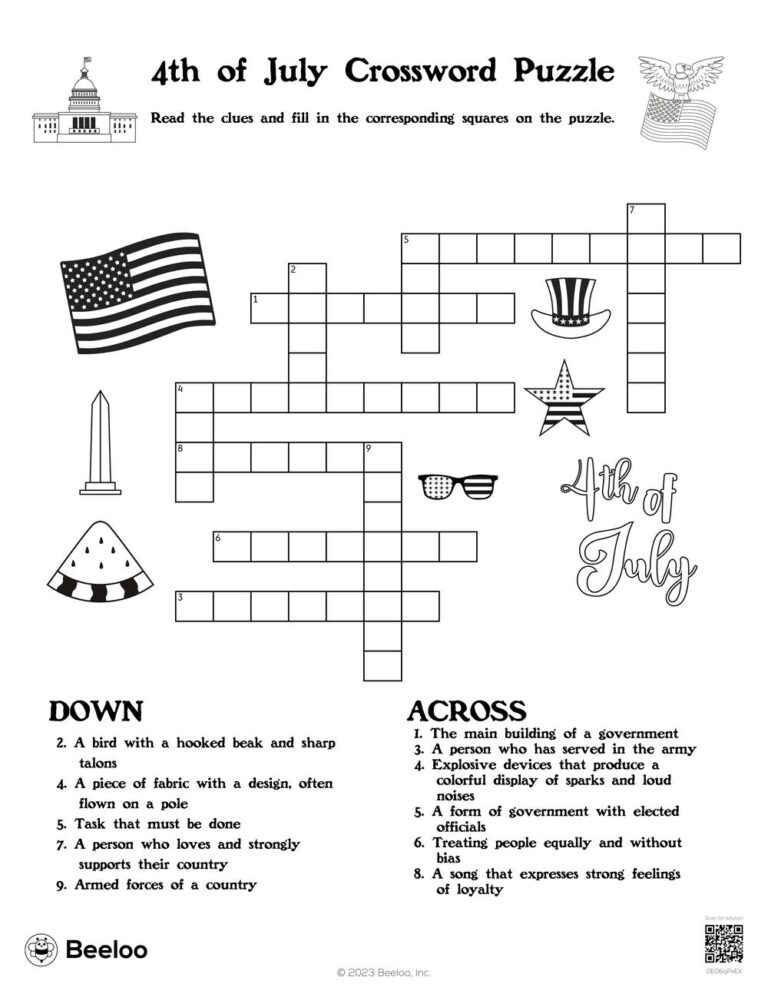 Fourth Of July themed Crossword Puzzles Beeloo Printable Crafts And Activities For Kids
