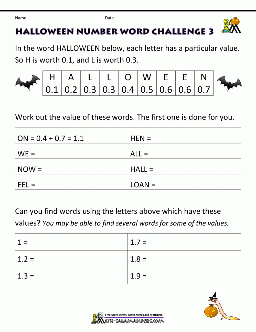 Halloween Math Puzzle Worksheets