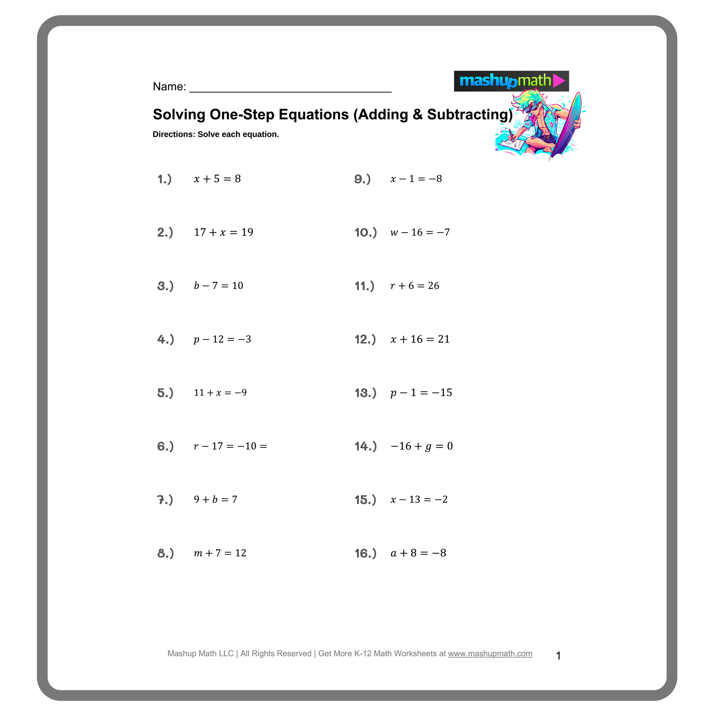 One Step Equations Puzzle Worksheet Pdf
