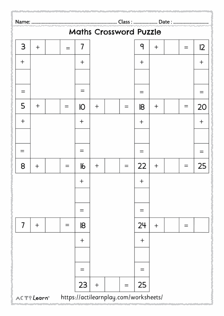 Free Printable Addition Subtraction Crossword Worksheet