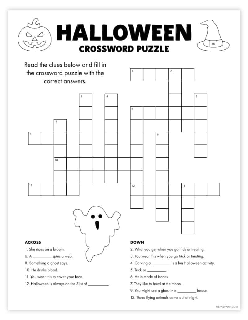 Free Printable Halloween Crossword Puzzle Pjs And Paint Worksheets Library