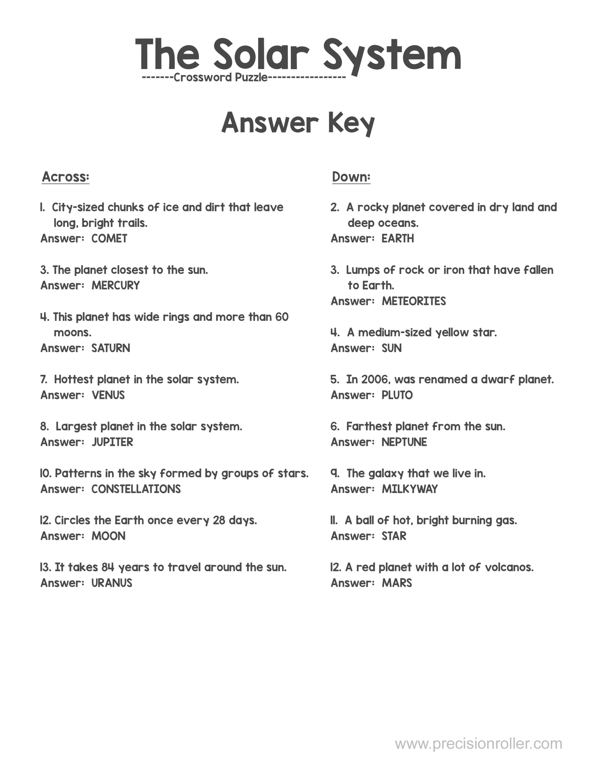 Free Printable Solar System Themed Crossword Puzzle Precision 
