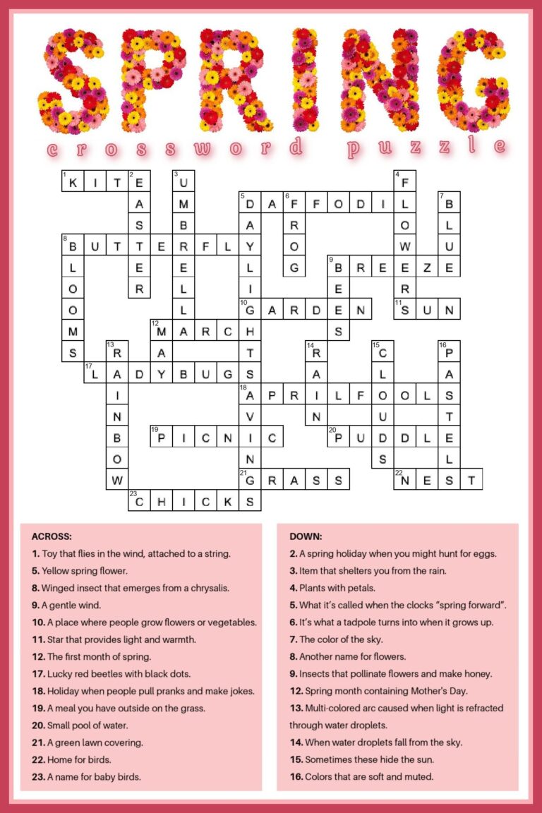 Free Spring Crossword Puzzle Printable Answer Key Included