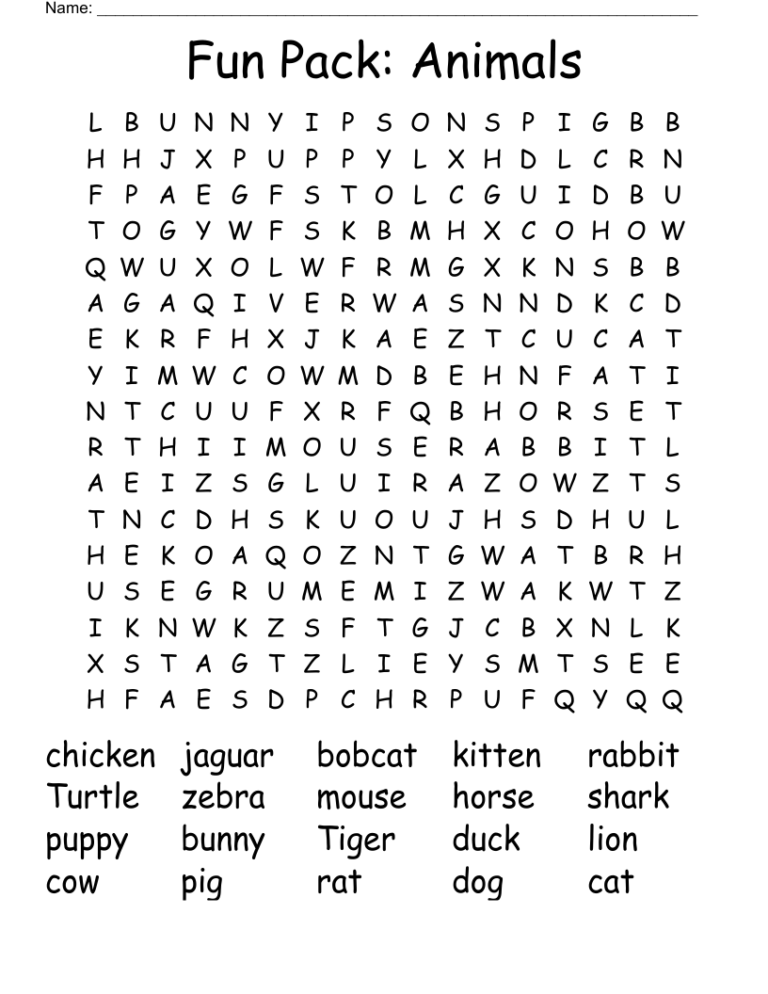 Fun Pack Animals Word Search WordMint