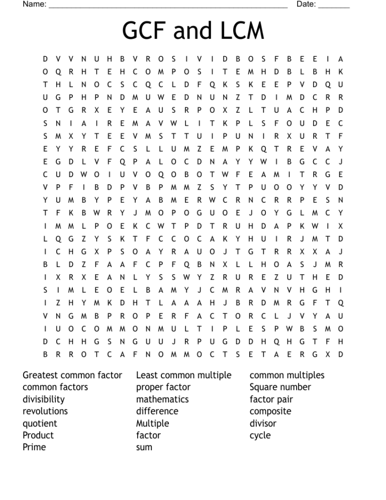 GCF And LCM Word Search WordMint