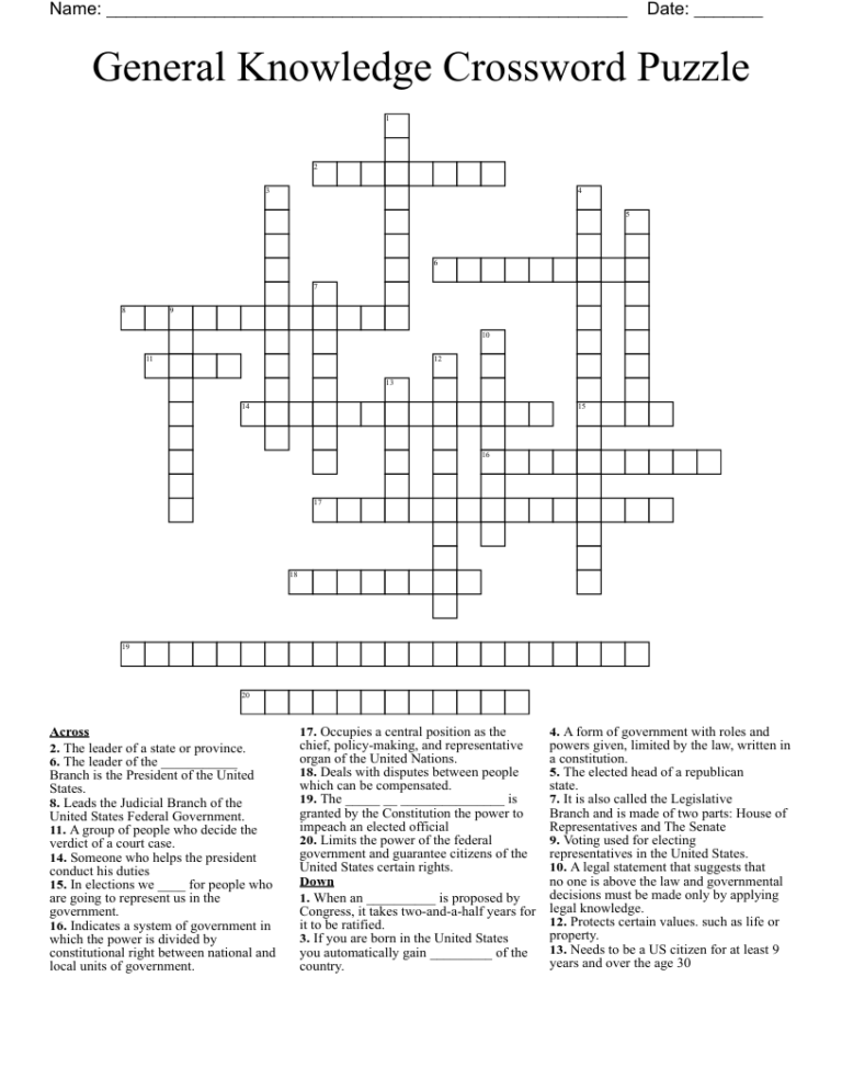 General Knowledge Crossword Puzzle WordMint