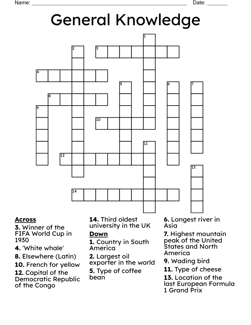 Printable General Knowledge Crossword Puzzles